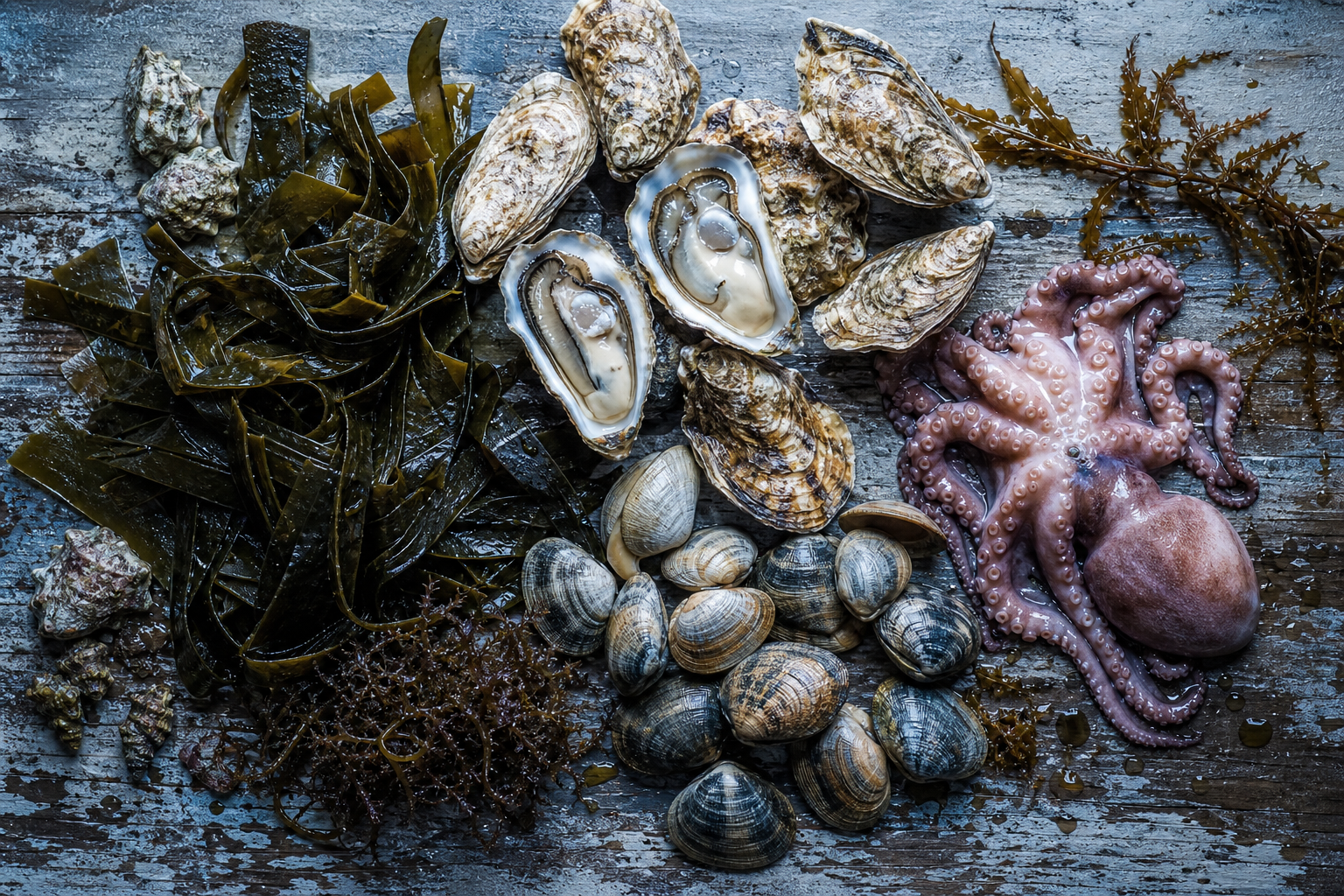 富含碘的食物:海帶、牡蠣、蛤蜊、章魚
