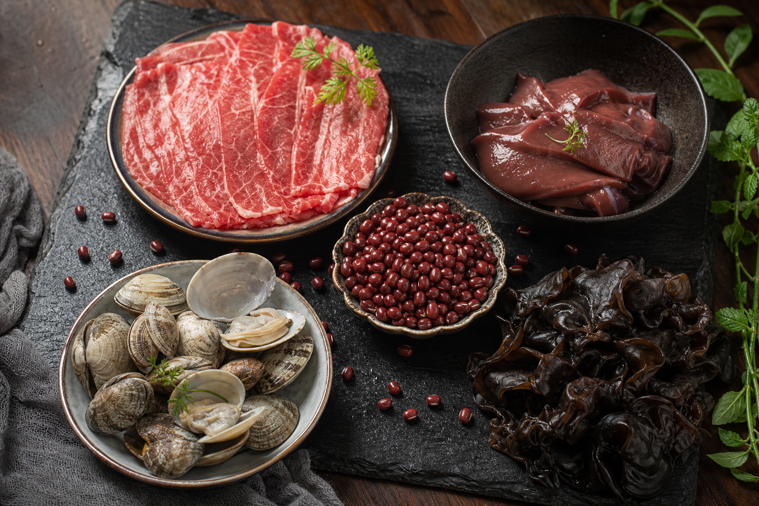 富含鐵質的食物:牛肉、豬肝、蛤蜊、黑木耳、紅豆