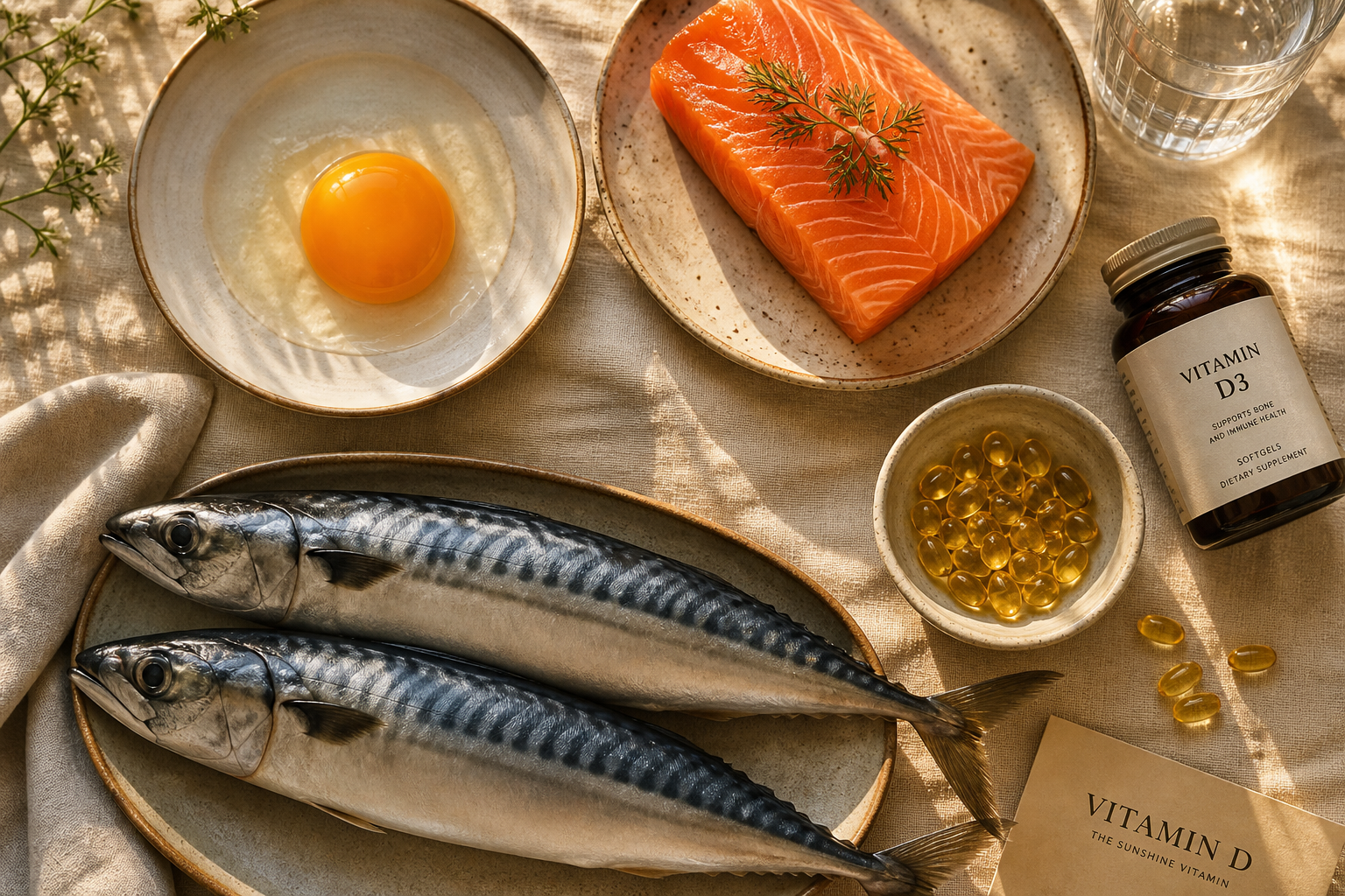 富含維生素D的食物:蛋黃、鮭魚、鯖魚